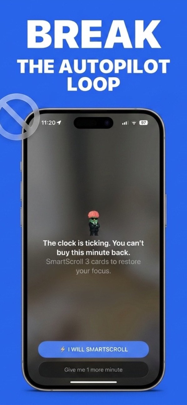 SmartScroll interrupting a doomscrolling session on iPhone at the moment of craving