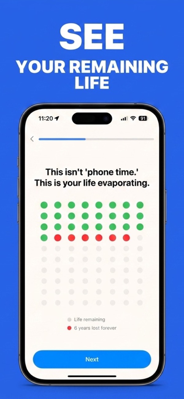 SmartScroll Life Grid converting average screen time numbers into years of remaining life