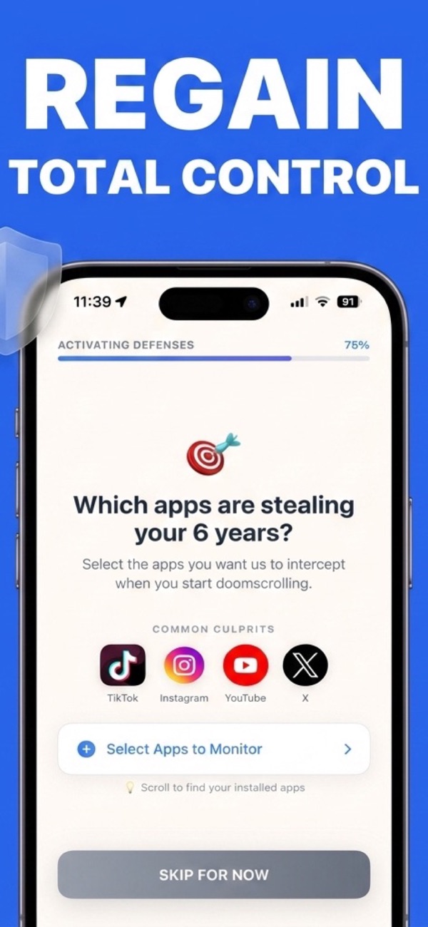SmartScroll app selection screen for blocking TikTok, Instagram, YouTube and X on iPhone